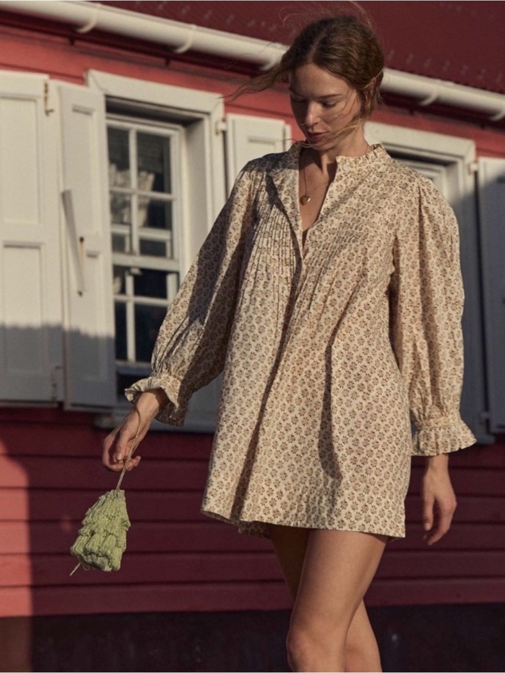 Doen Cream Floral Pintuck Mini Dress